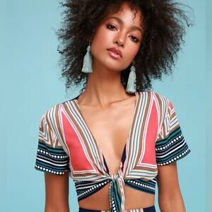 Lulus Geo Grande Navy Blue Print Cropped Tie-Front Top Festival Boho Size XL